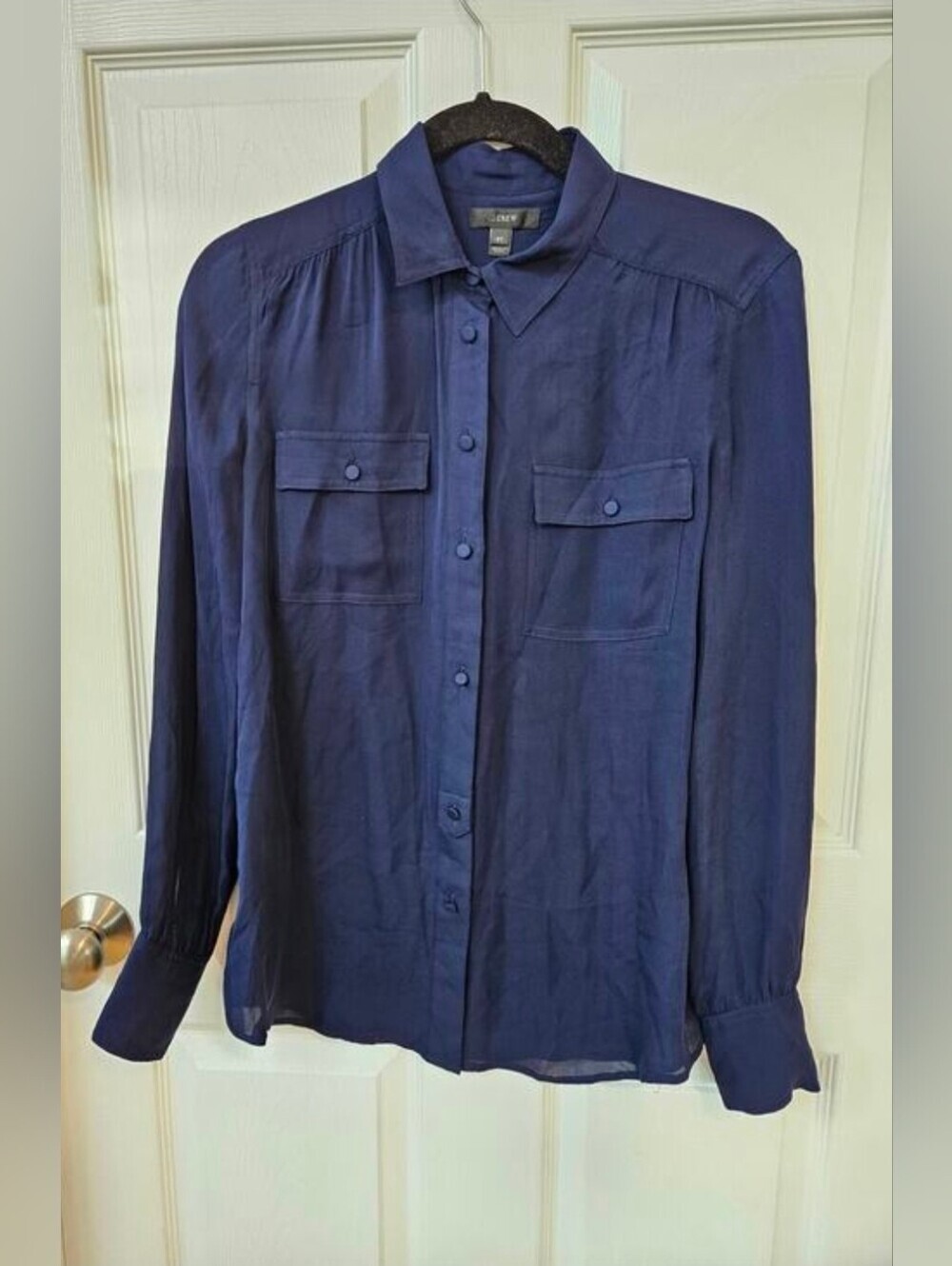 J.Crew 100% Silk Navy Button Front Blouse Petite 6 Career Office Top